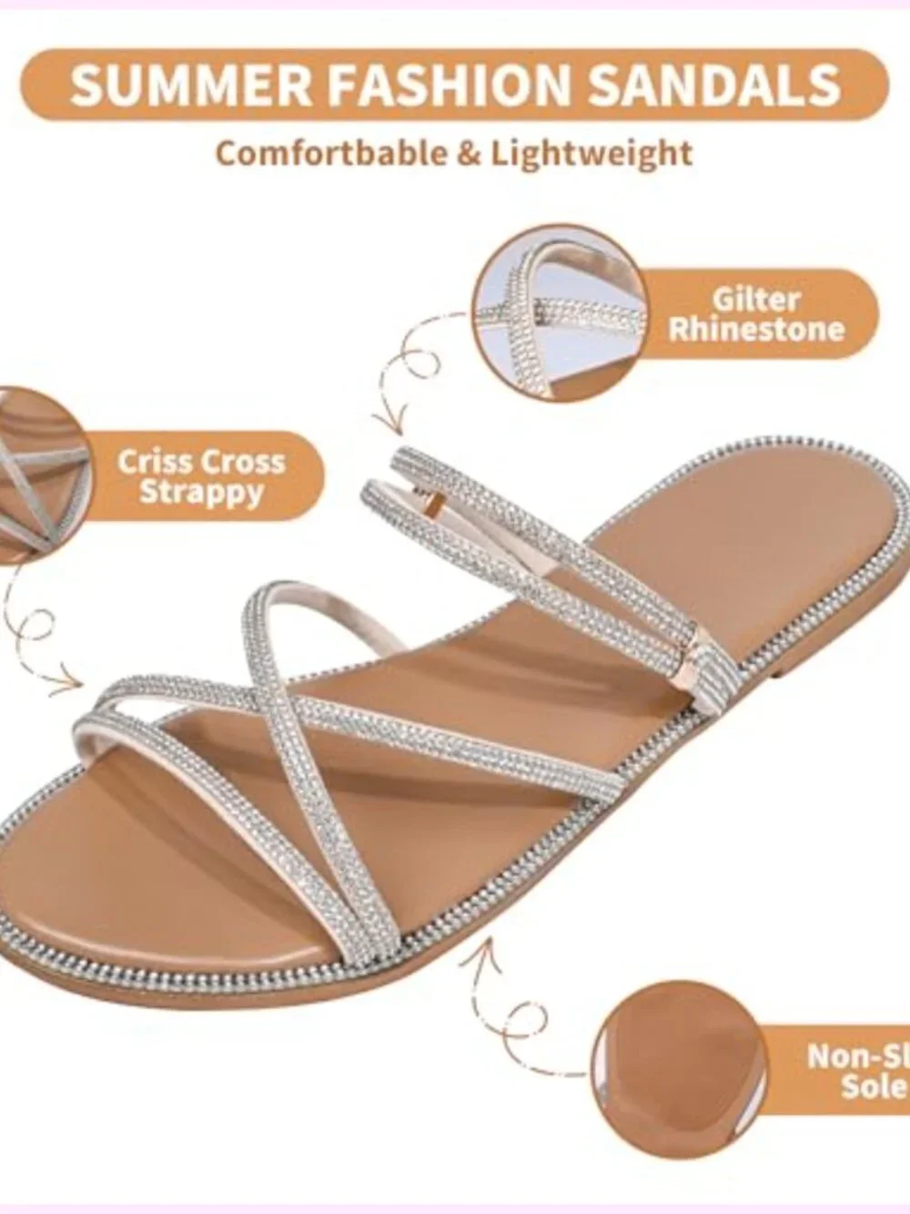 Glitter Rhinestone Flat Criss Cross Strappy Sandals Slip On Open Toe Slippers